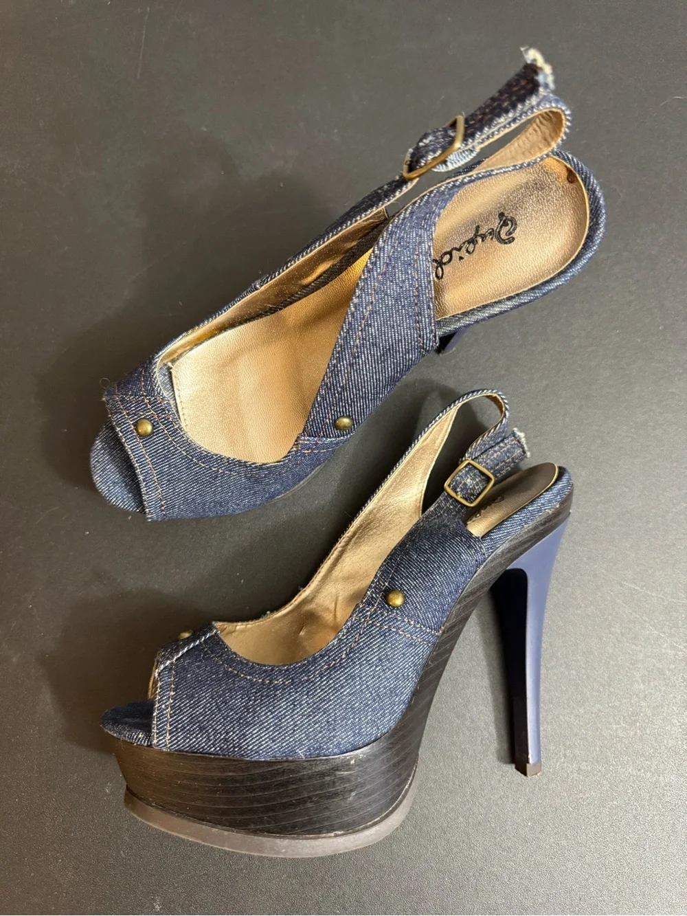 Qupid Denim Peep-Toe Slingback Wedges - Blue